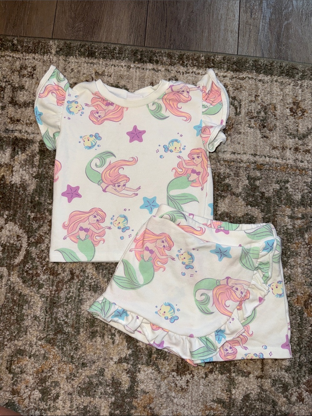 Disney Cream Little Mermaid Print Matching Top & Ruffle Skort Set - 2T